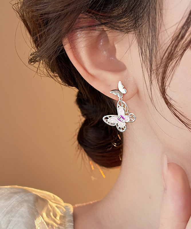 Hollow Earrings Butterfly Glaze Pink Copper Out Drop Fine