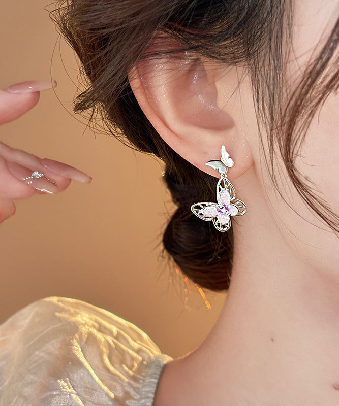 Hollow Earrings Butterfly Glaze Pink Copper Out Drop Fine