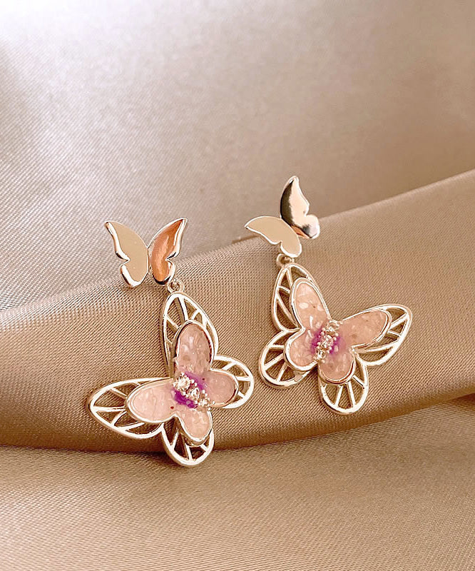 Hollow Earrings Butterfly Glaze Pink Copper Out Drop Fine