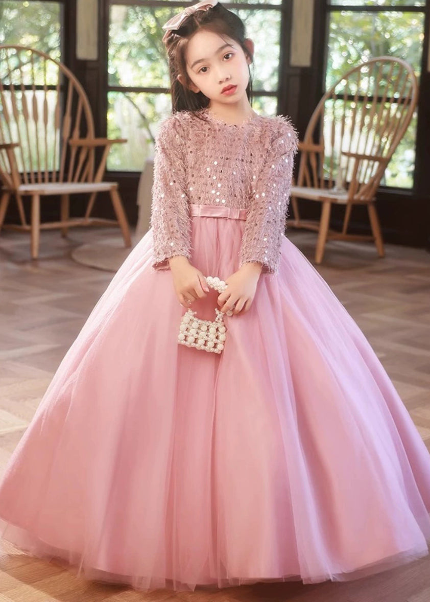 Fine Pink O-Neck Patchwork Tulle Girls Maxi Dress Winter RP044