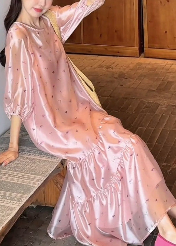 Bracelet Silk Sleeve O-Neck Print Dress Pink Long Fine