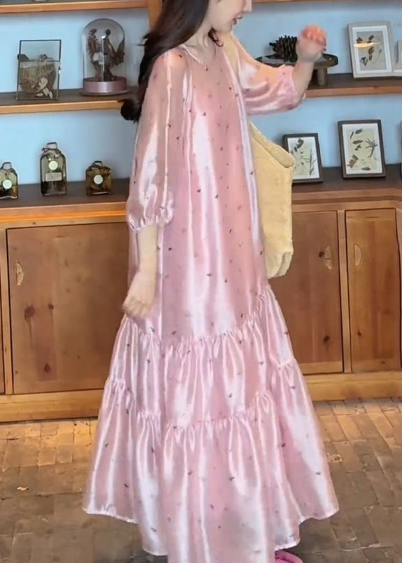 Bracelet Silk Sleeve O-Neck Print Dress Pink Long Fine