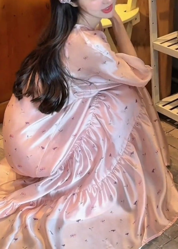 Bracelet Silk Sleeve O-Neck Print Dress Pink Long Fine