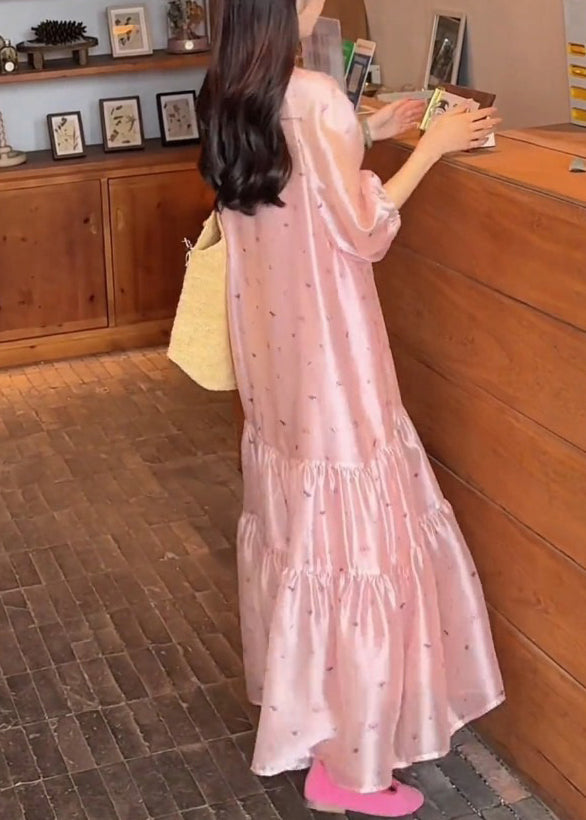 Bracelet Silk Sleeve O-Neck Print Dress Pink Long Fine
