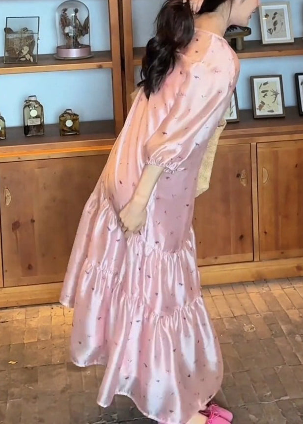 Bracelet Silk Sleeve O-Neck Print Dress Pink Long Fine