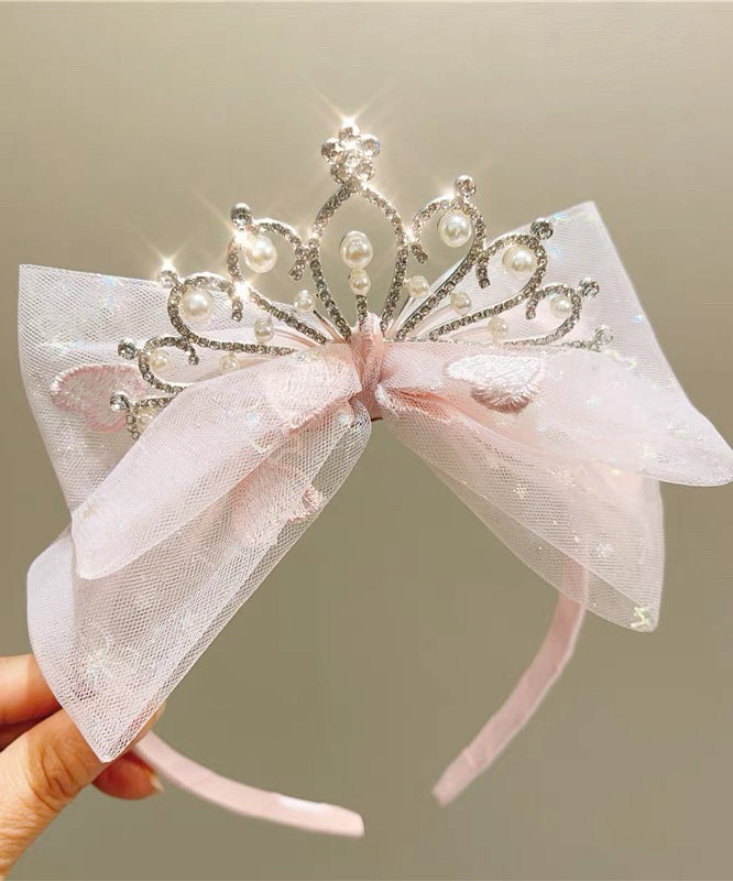Fine Pink Tulle Patchwork Bow Pearl Zircon Girls Hairpin YG034