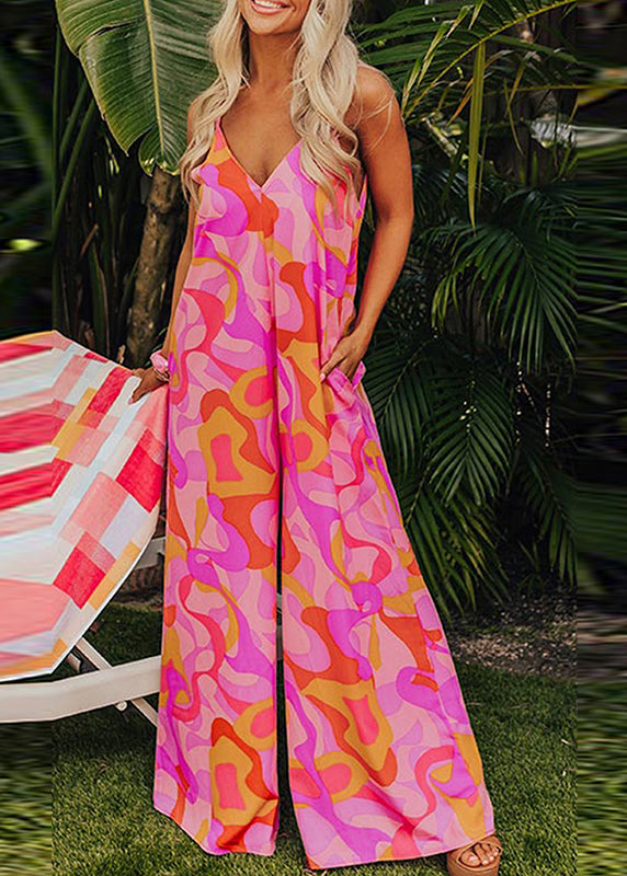 Jumpsuits Pockets Summer V Neck Print Fine Pink