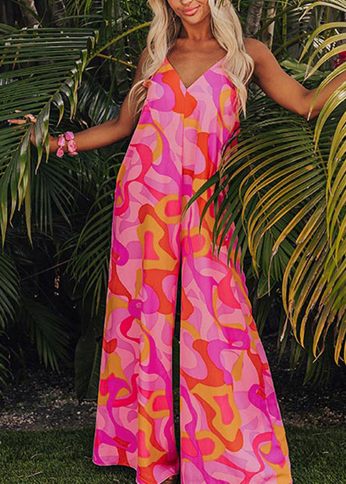 Jumpsuits Pockets Summer V Neck Print Fine Pink