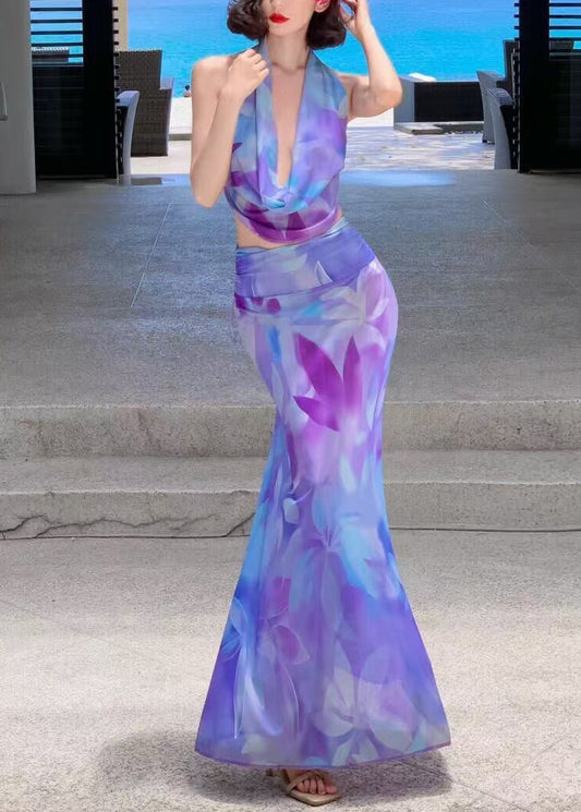 Print And Maxi Set Top Tulle Purple Skirts Fine Two-Piece