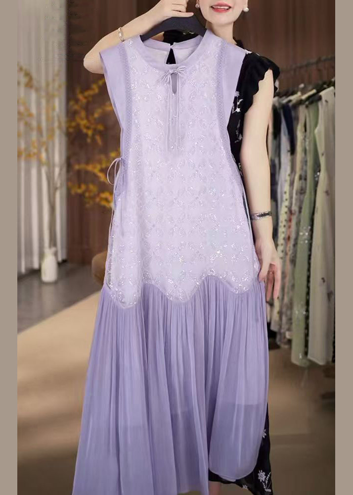 Lace Up Long Chiffon Fine Purple Dress Sequins Patchwork