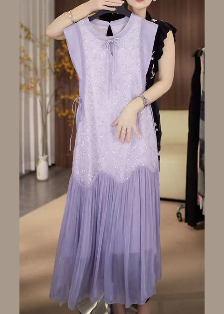 Lace Up Long Chiffon Fine Purple Dress Sequins Patchwork