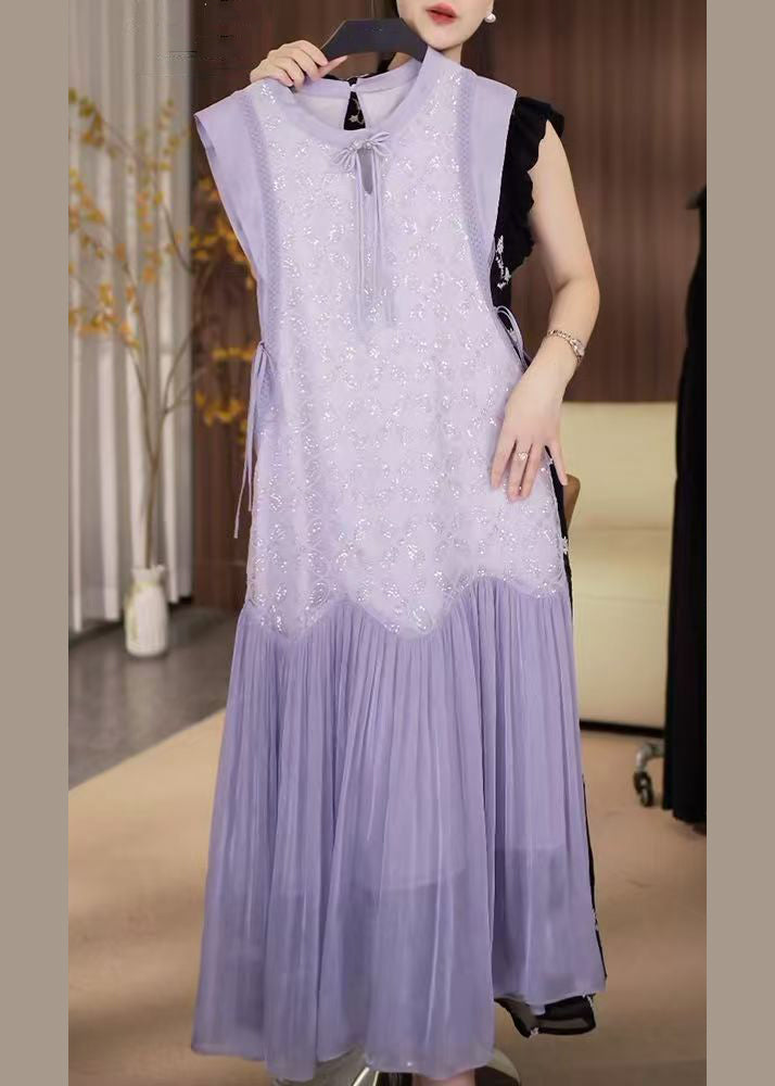 Lace Up Long Chiffon Fine Purple Dress Sequins Patchwork