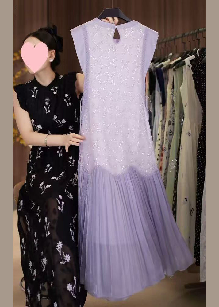 Lace Up Long Chiffon Fine Purple Dress Sequins Patchwork