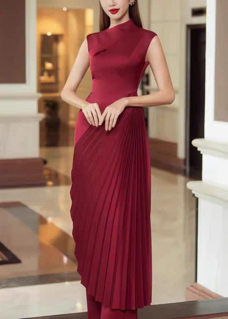 Asymmetrical Sleeveless Dress Fine Red Long Silk Wrinkled