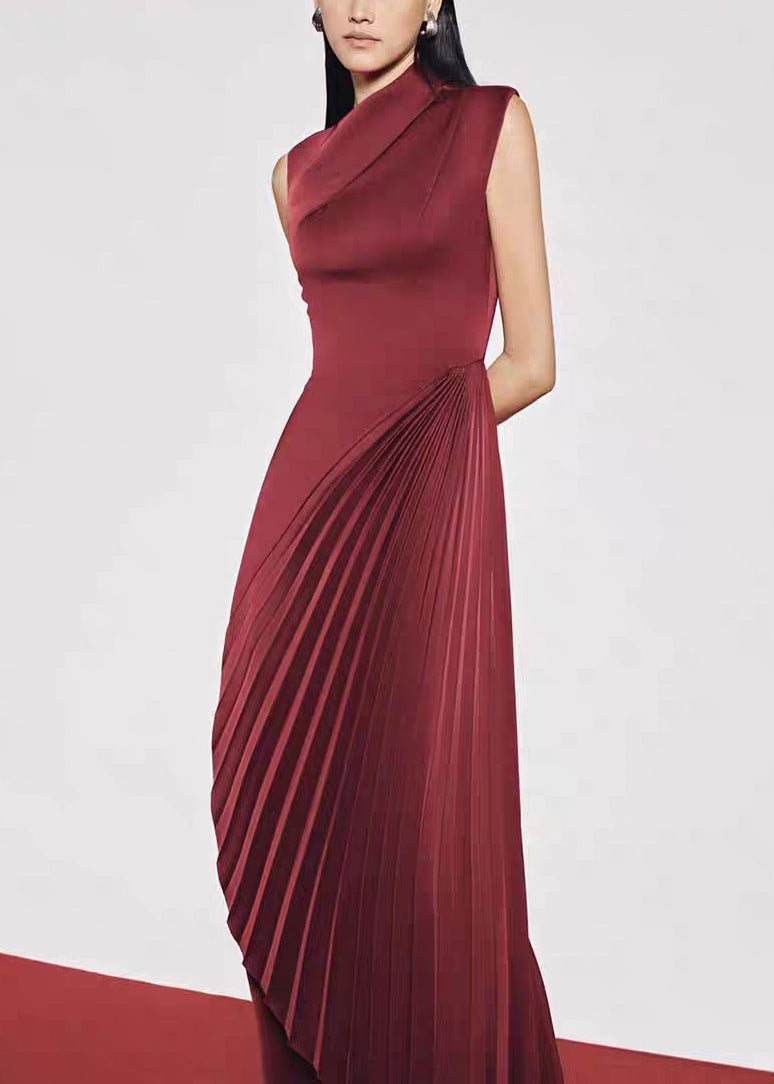 Asymmetrical Sleeveless Dress Fine Red Long Silk Wrinkled