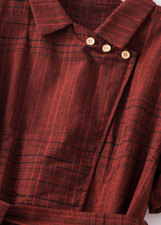 Fine Red Peter Pan Collar Plaid Tie Waist Linen Dresses Summer AM1066