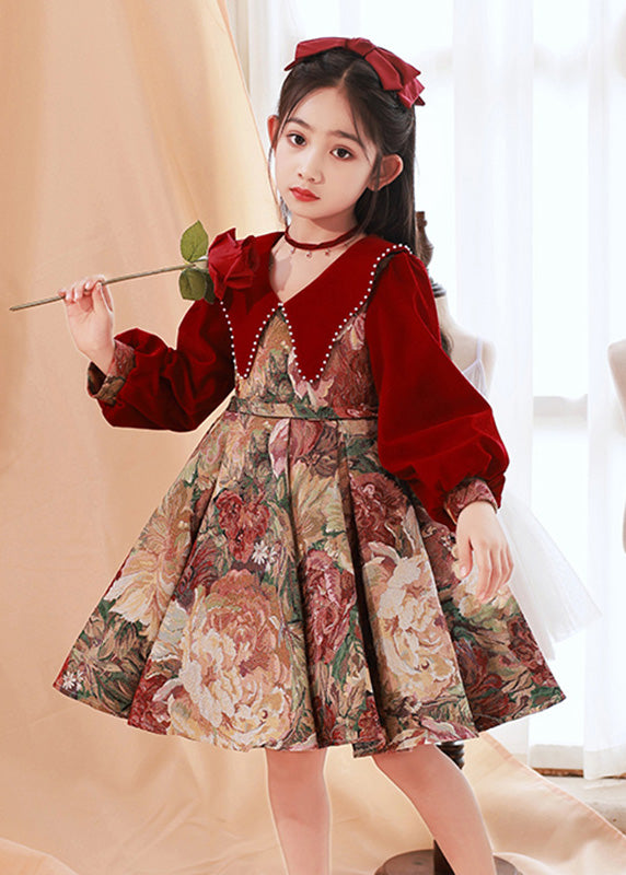 Nail Peter Pan Red Print Maxi Dress Collar Fine Spring Bead Kids