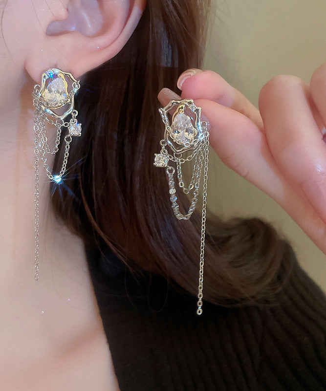 Copper Water Drop Zircon Silk Tassel Earrings Fine