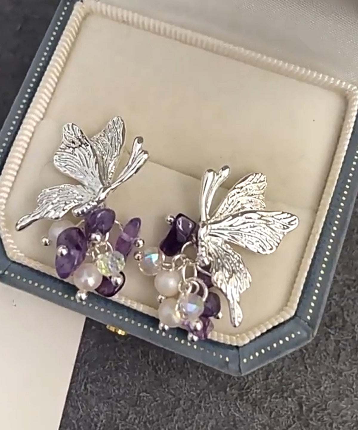 Earrings Tassel Fine Silver Butterfly Pearl Sterling Silk Stud