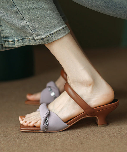 Slide Faux Heels Sandals Purple Splicing Leather Fine Kitten