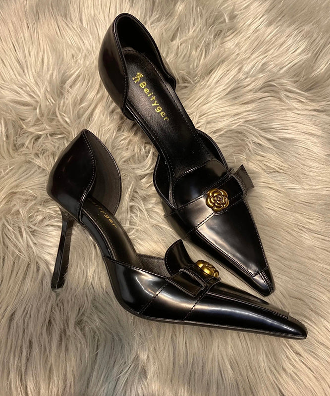 Black Stiletto High Pointed Toe Heels Fine Sheepskin Splicing