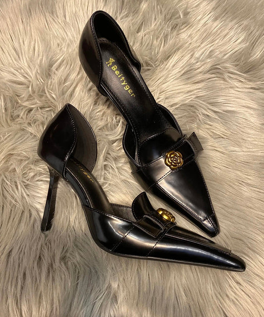 Black Stiletto High Pointed Toe Heels Fine Sheepskin Splicing