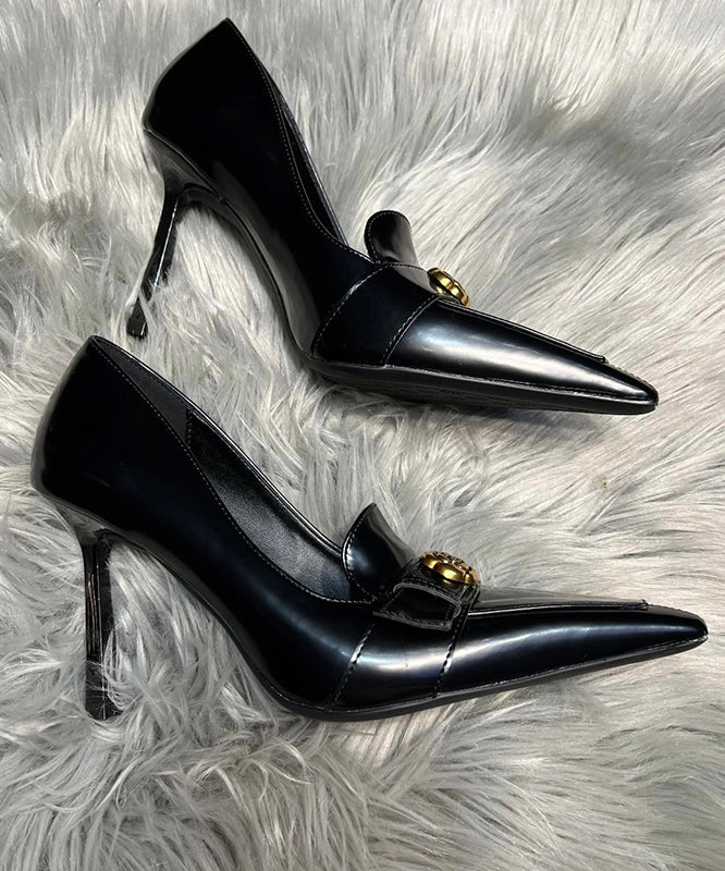 Black Stiletto High Pointed Toe Heels Fine Sheepskin Splicing