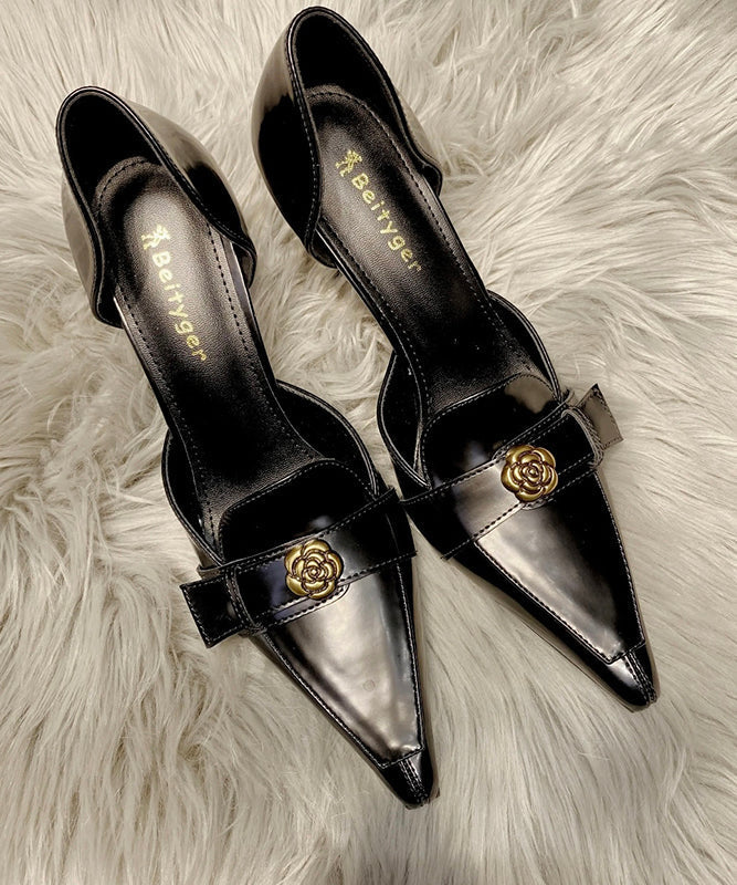 Black Stiletto High Pointed Toe Heels Fine Sheepskin Splicing