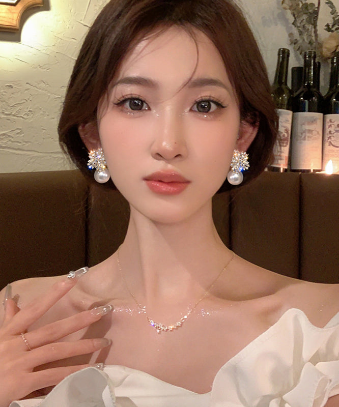 Snowflake Fine Earrings Alloy Pearl White Drop Zircon