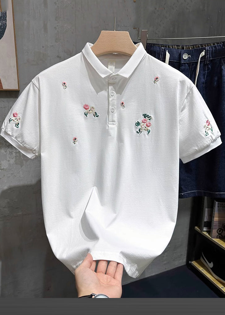 Shirts White Fine Cotton Button Summer Polo Mens Embroideried