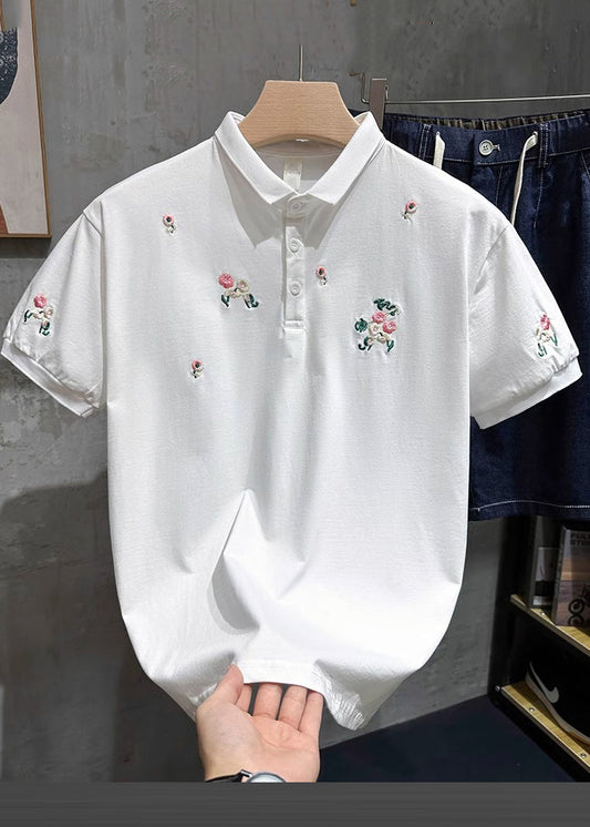 Shirts White Fine Cotton Button Summer Polo Mens Embroideried