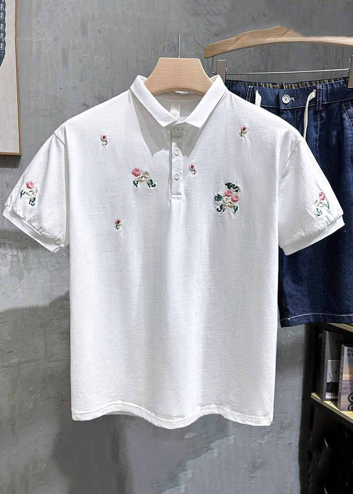 Shirts White Fine Cotton Button Summer Polo Mens Embroideried