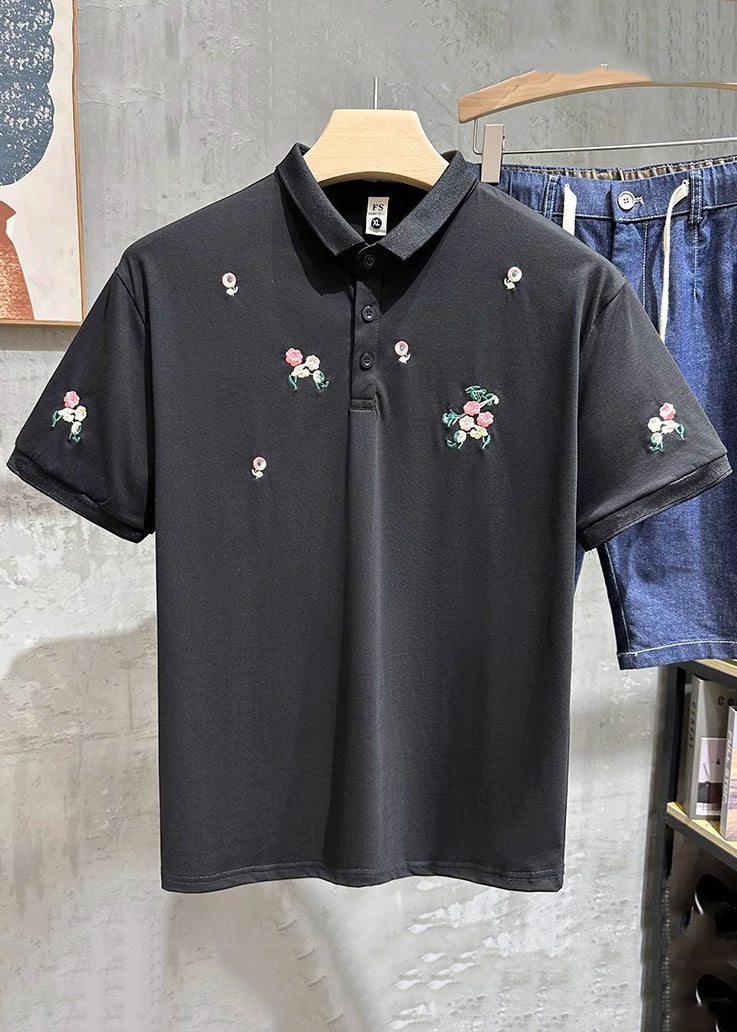 Shirts White Fine Cotton Button Summer Polo Mens Embroideried