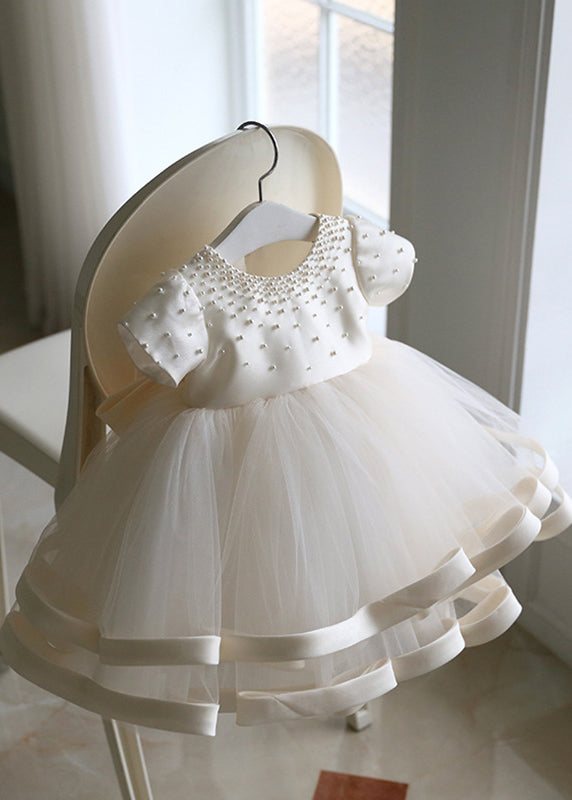 Fine White Pearl Tulle Patchwork Kids Long Dress Short Sleeve YS040