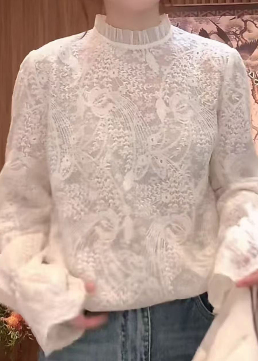Flare Fine Shirts Lace Collar Sleeve Stand Embroidered White