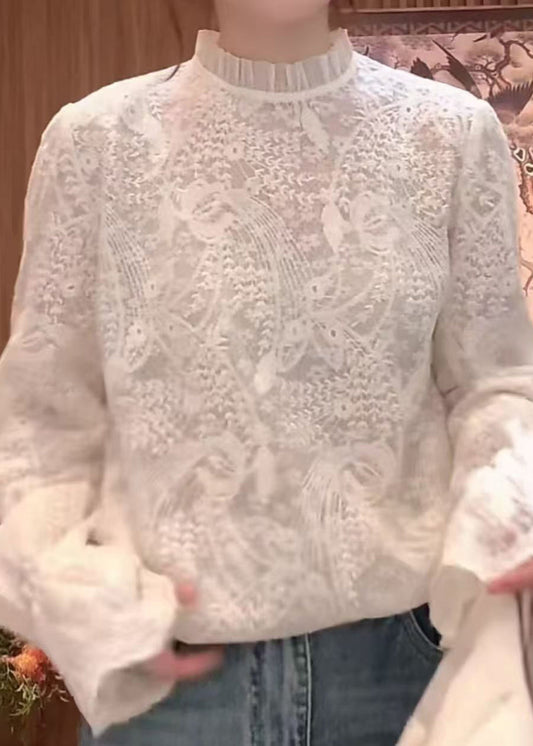 Flare Fine Shirts Lace Collar Sleeve Stand Embroidered White