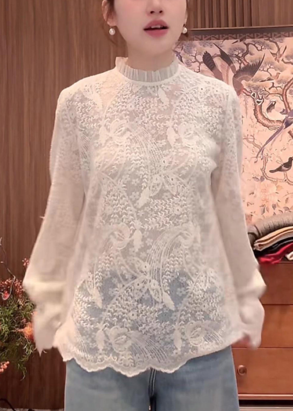 Flare Fine Shirts Lace Collar Sleeve Stand Embroidered White