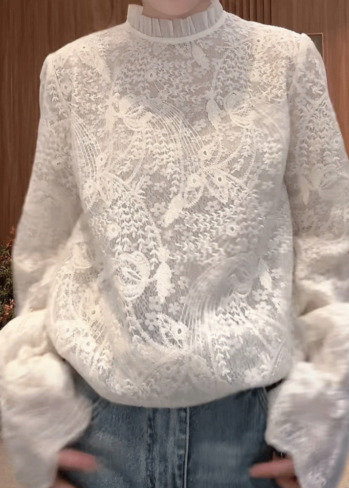 Flare Fine Shirts Lace Collar Sleeve Stand Embroidered White