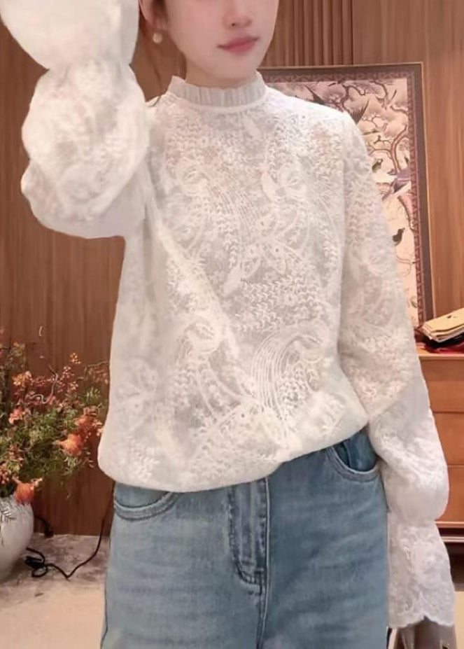 Flare Fine Shirts Lace Collar Sleeve Stand Embroidered White