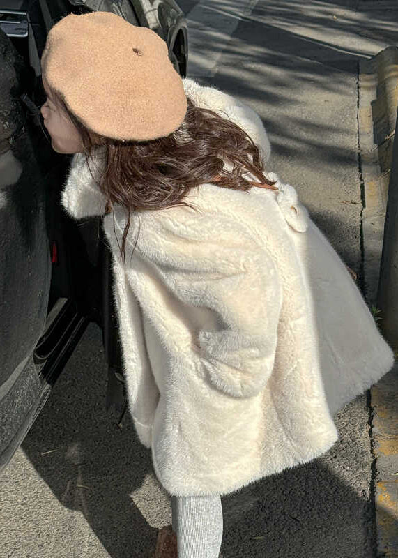 Fine White Stand Collar Pockets Girls Coats Winter TG018