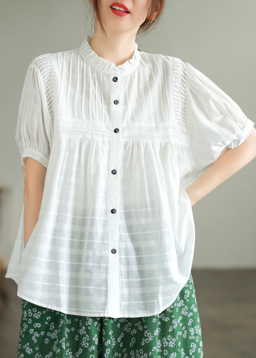 Summer Blouse Fine Collar White Top Wrinkled Cotton Stand