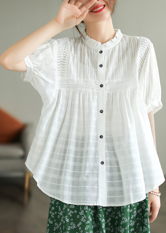 Summer Blouse Fine Collar White Top Wrinkled Cotton Stand