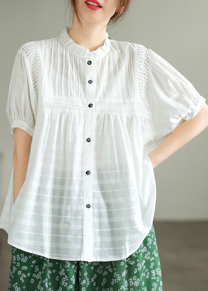 Summer Blouse Fine Collar White Top Wrinkled Cotton Stand