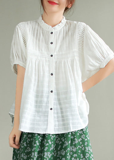 Summer Blouse Fine Collar White Top Wrinkled Cotton Stand