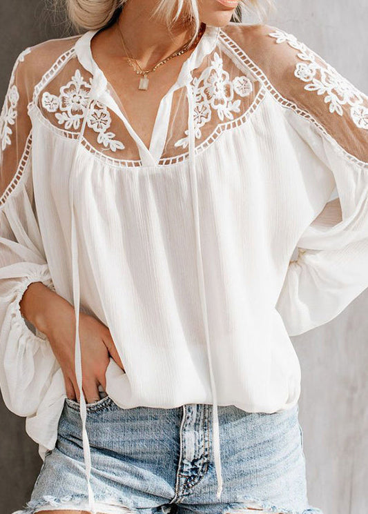 Fine Neck V Fall Shirt Patchwork White Lace