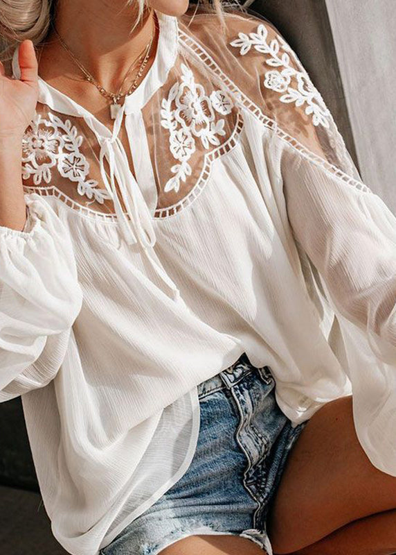 Fine Neck V Fall Shirt Patchwork White Lace