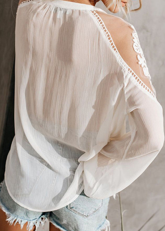 Fall Fine Shirt White Patchwork V Lace Neck