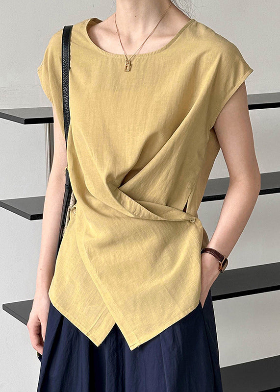 Asymmetrical Fine Short Top Solid Yellow Sleeve
