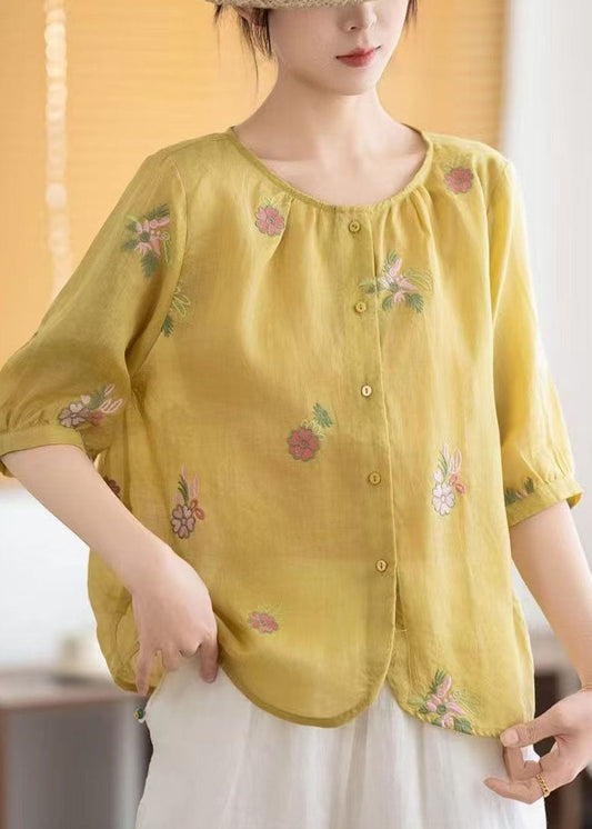 Embroidered O-Neck Yellow Linen Summer Tops Fine