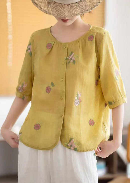 Embroidered O-Neck Yellow Linen Summer Tops Fine